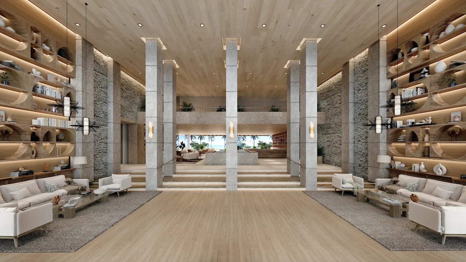 Interior del lobby de los departamentos Boga Telchac